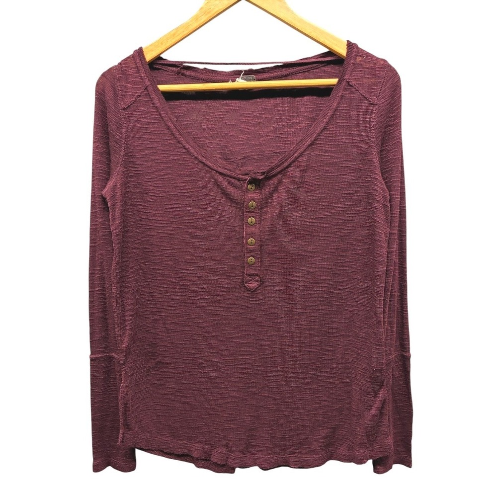 Free People Henley Top Women's XS Maroon Red Long Sleeve Waffle Knit Boho